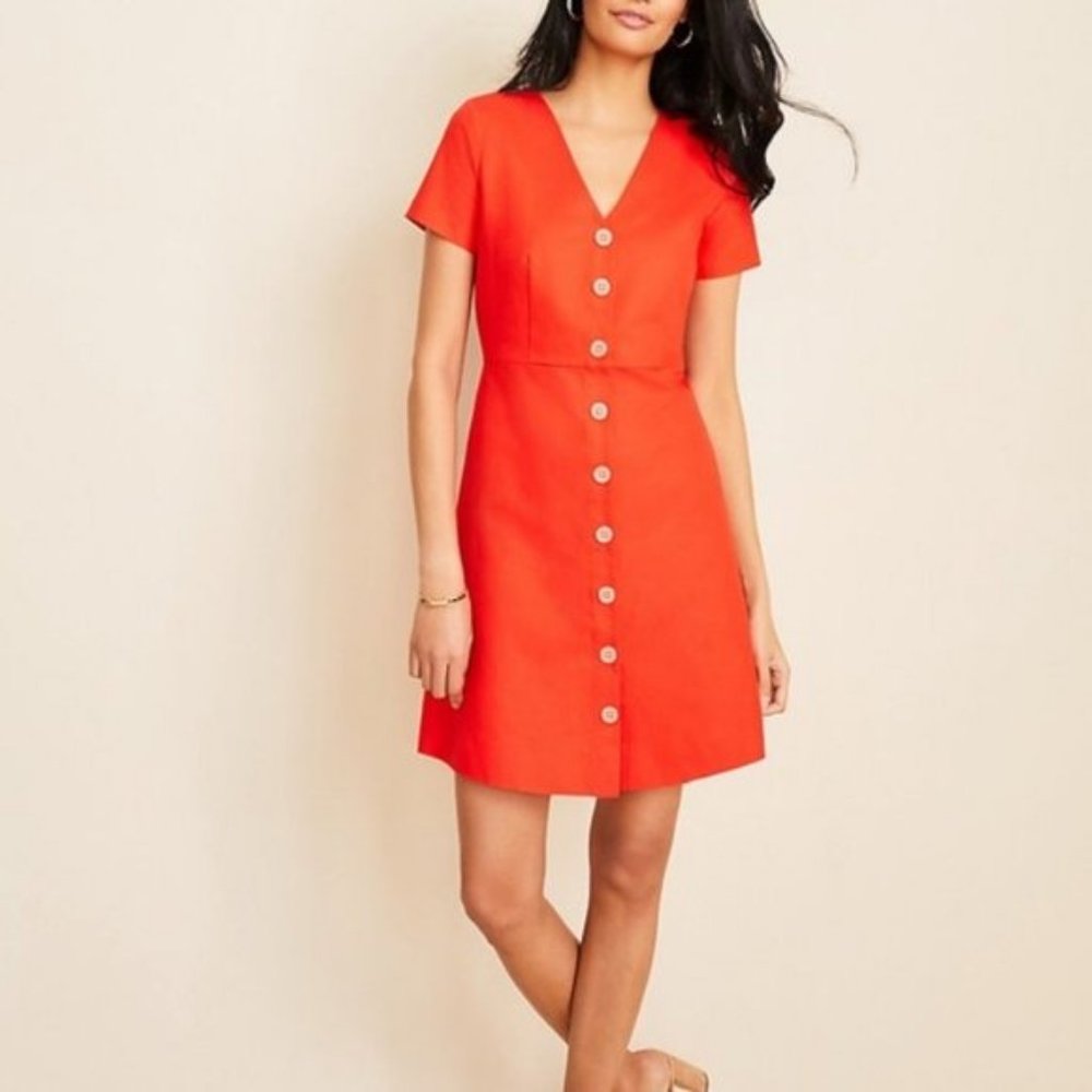 Ann Taylor | Button Front Cotton Linen Blend Flare Dress Red Orange NWT 12 TALL
